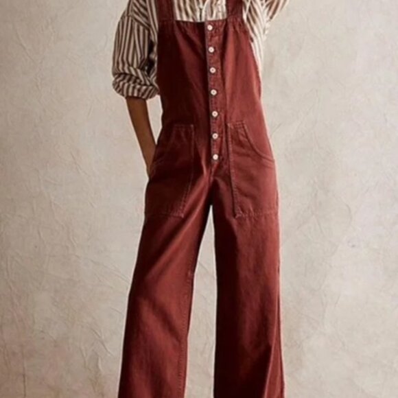 NWOT Free People We The Free Fields Of Flowers Wide-Leg Overalls Mocha XL - Picture 5 of 6